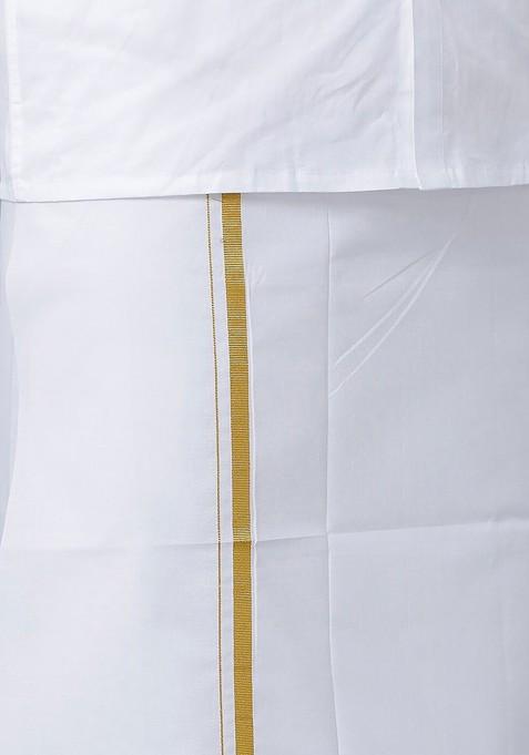 White Cotton White Solid Gold Jari Border Single Layer Dhoti For Men