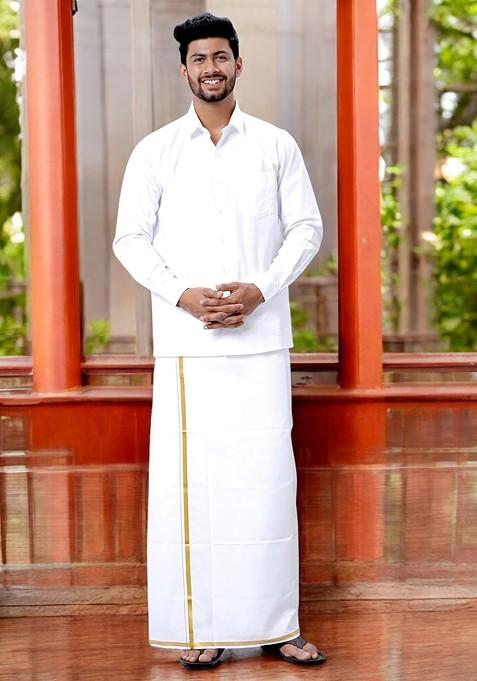 White Cotton White Solid Gold Jari Border Single Layer Dhoti For Men