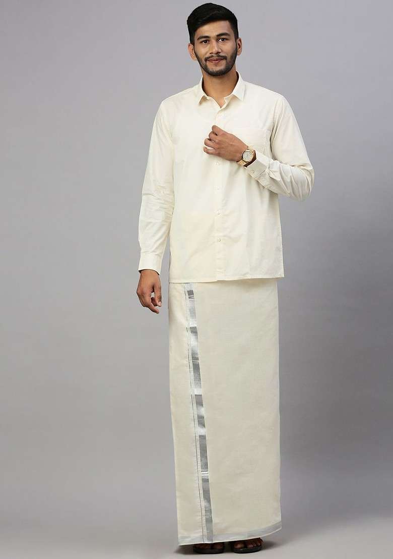 Cream Cotton Solid Silver Jari Border Double Layer Dhoti For Men - Indya