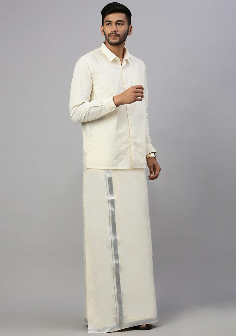 Cream Cotton Solid Silver Jari Border Double Layer Dhoti For Men - Indya