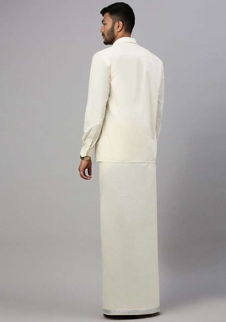 Cream Cotton Solid Silver Jari Border Double Layer Dhoti For Men - Indya