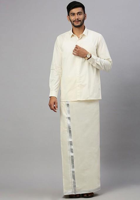 Cream Cotton Solid Silver Jari Border Double Layer Dhoti For Men