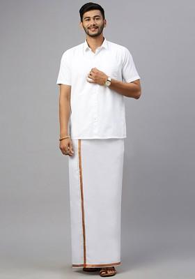 White Cotton Solid Jari Border Double Layer Adjustable Dhoti With Pocket For Men