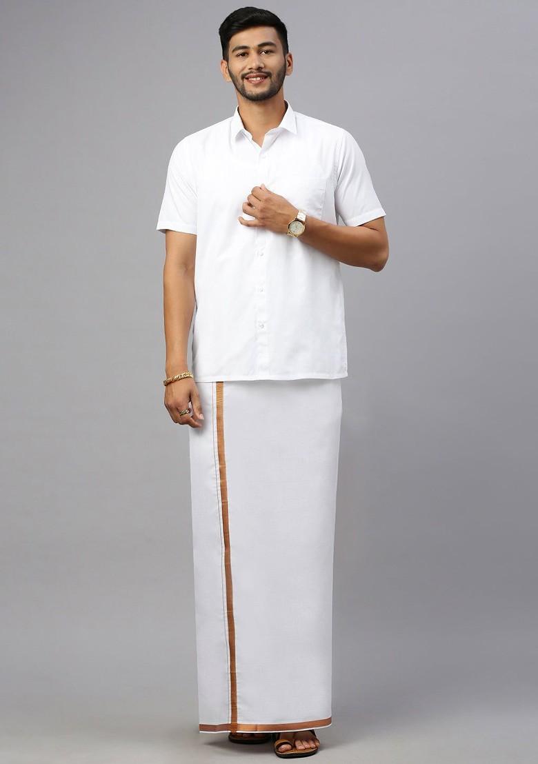 White Cotton Solid Jari Border Double Layer Adjustable Dhoti With Pocket For Men