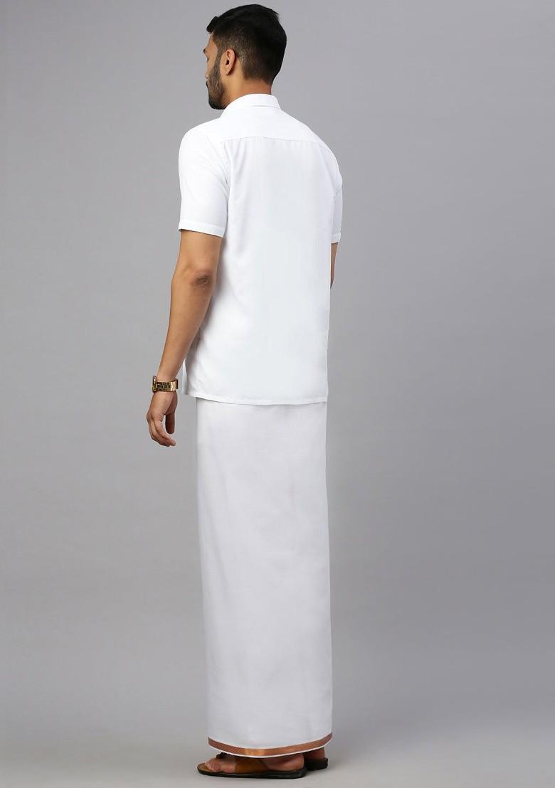 White Cotton Solid Jari Border Double Layer Adjustable Dhoti With Pocket For Men - Indya