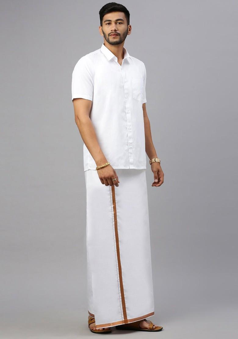 White Cotton Solid Jari Border Double Layer Adjustable Dhoti With Pocket For Men