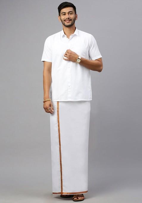 White Cotton Solid Jari Border Double Layer Adjustable Dhoti With Pocket For Men