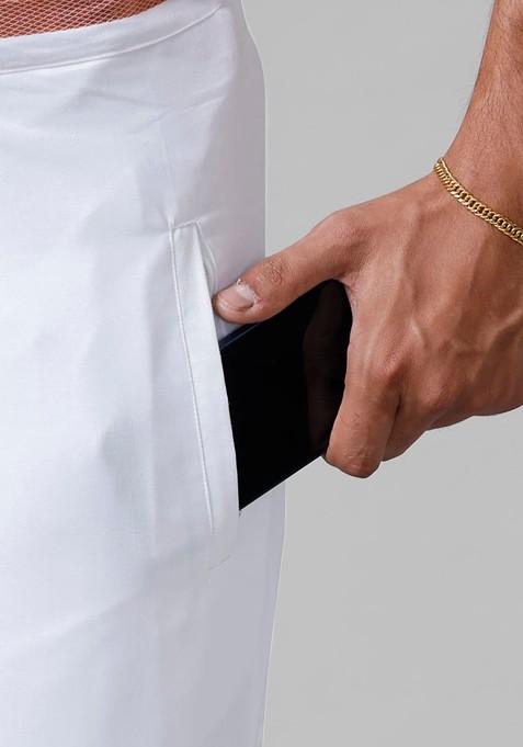 White Cotton Solid Jari Border Double Layer Adjustable Dhoti With Pocket For Men