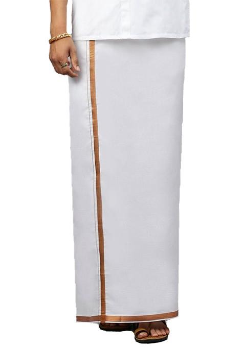 White Cotton Solid Jari Border Double Layer Adjustable Dhoti With Pocket For Men