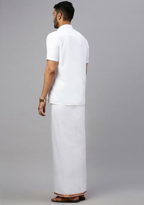 White Cotton Solid Jari Border Double Layer Adjustable Dhoti With Pocket For Men