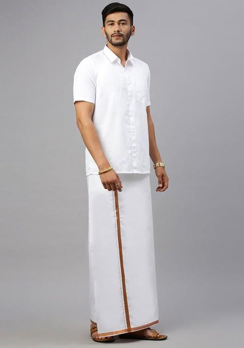 White Cotton Solid Jari Border Double Layer Adjustable Dhoti With Pocket For Men