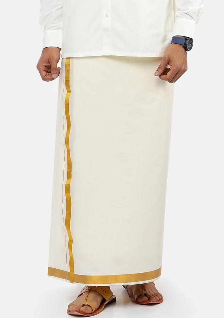 White Solid Gold Jari Border Double Layer Cotton Dhoti For Men - Indya