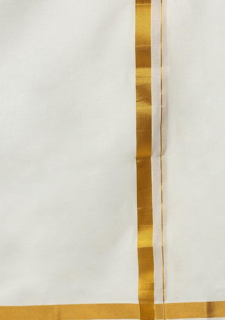 White Solid Gold Jari Border Double Layer Cotton Dhoti For Men - Indya