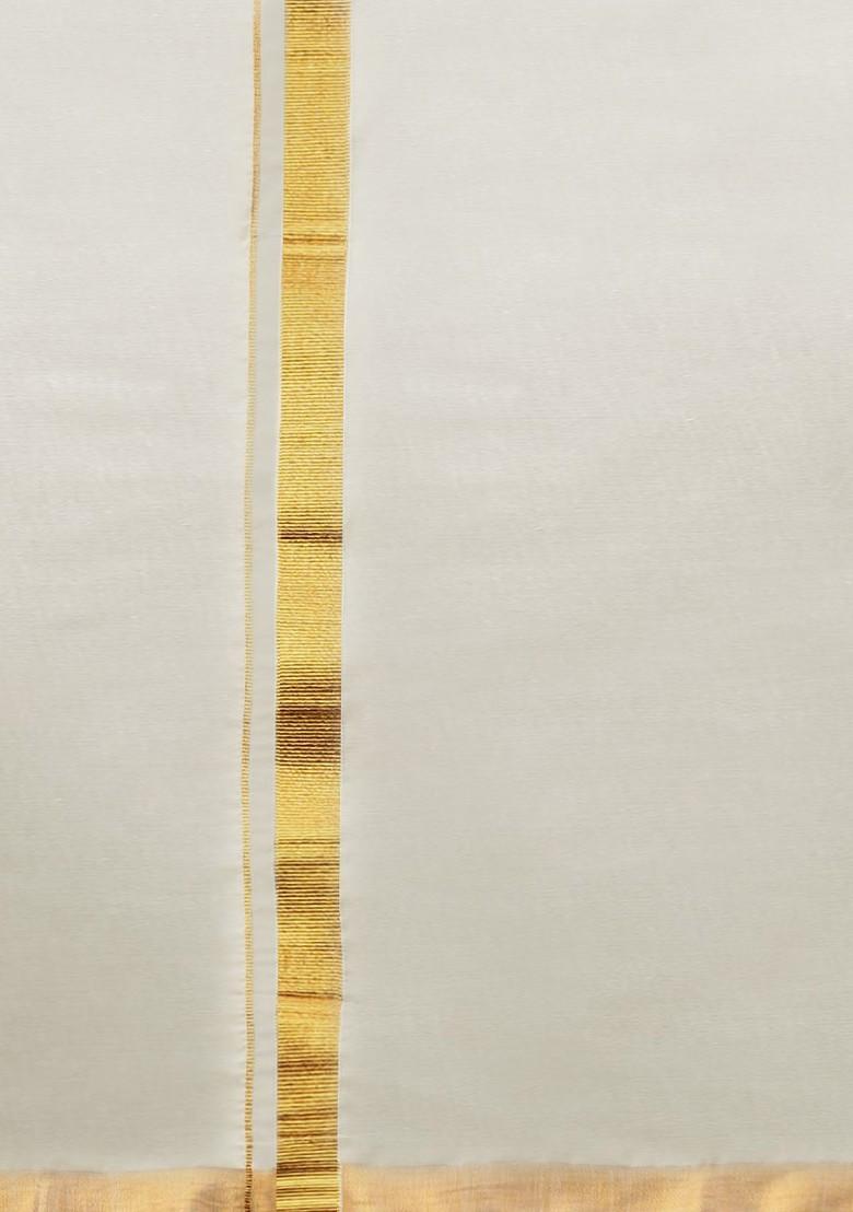 Cream Kora Cotton Double Layer Zari Border Dhoti For Men - Indya