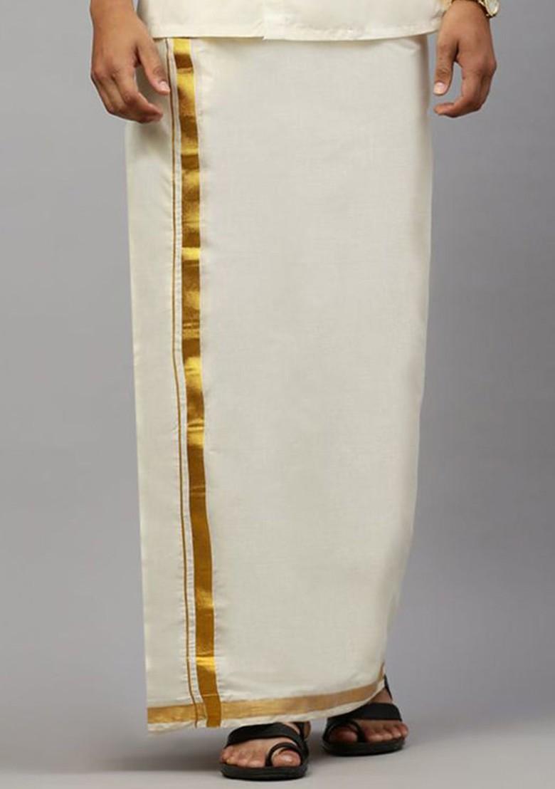 Cream Kora Cotton Double Layer Zari Border Dhoti For Men - Indya