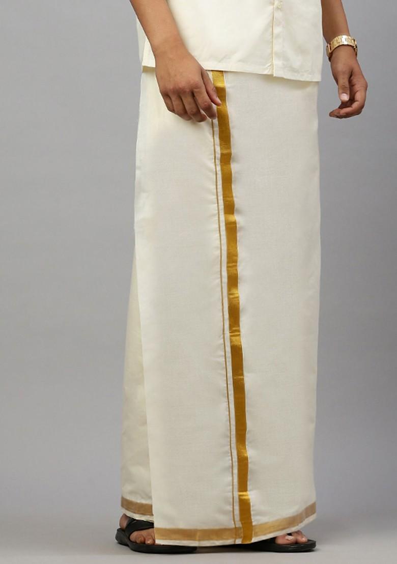 Cream Pack Of 2 Cotton Double Dhotis With Jari Border For Men - Indya