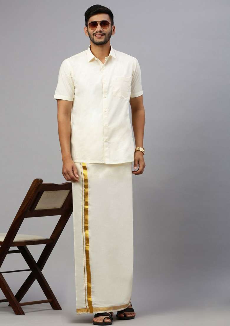 Cream Pack Of 2 Cotton Double Dhotis With Jari Border For Men - Indya