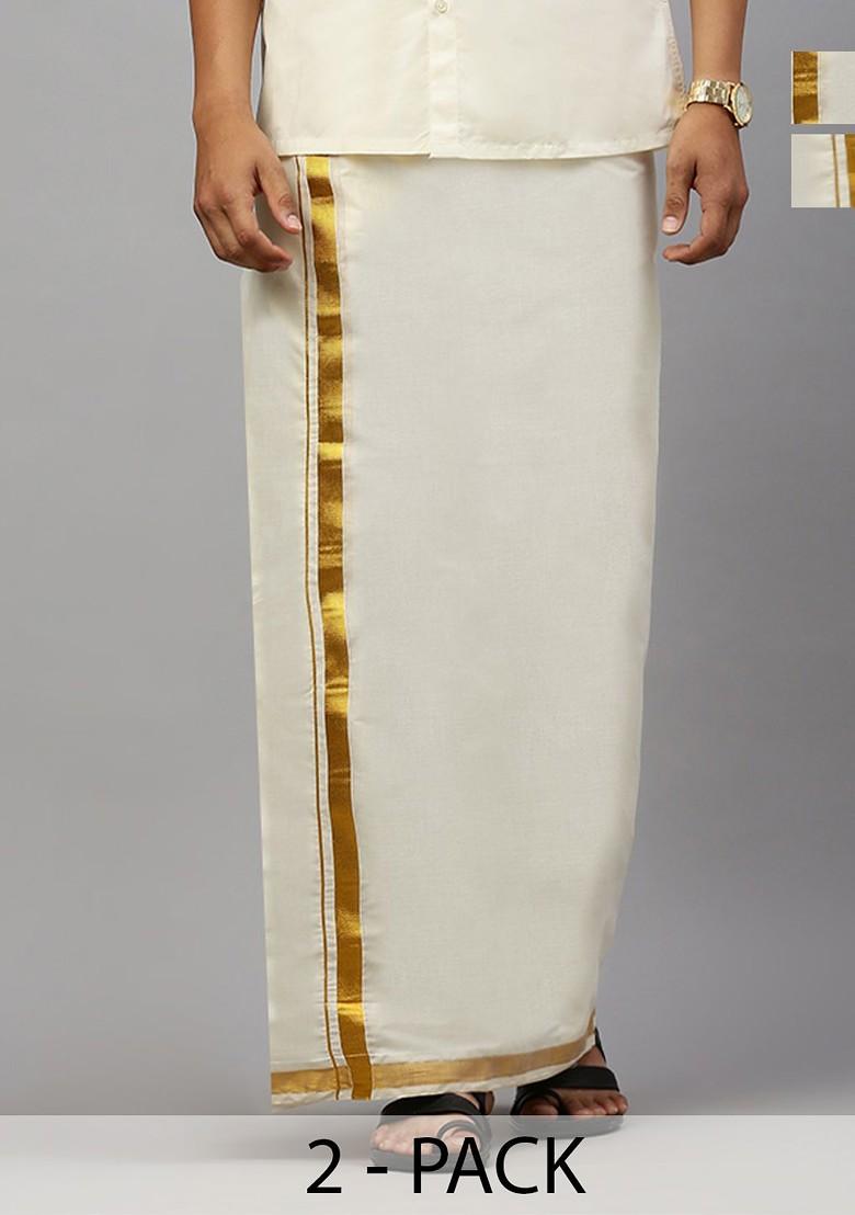 Cream Pack Of 2 Cotton Double Dhotis With Jari Border For Men - Indya
