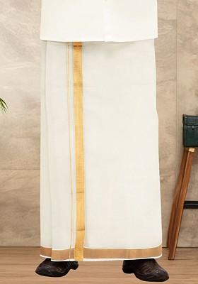 Cream Kora Cotton Double Layer Zari Border Dhoti For Men