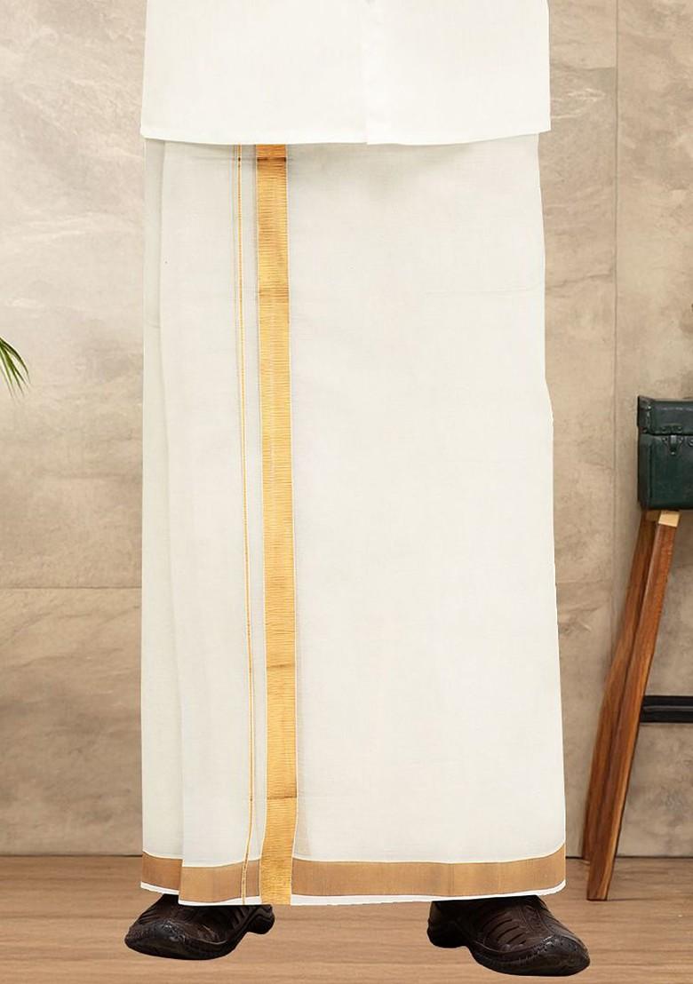 Cream Kora Cotton Double Layer Zari Border Dhoti For Men - Indya