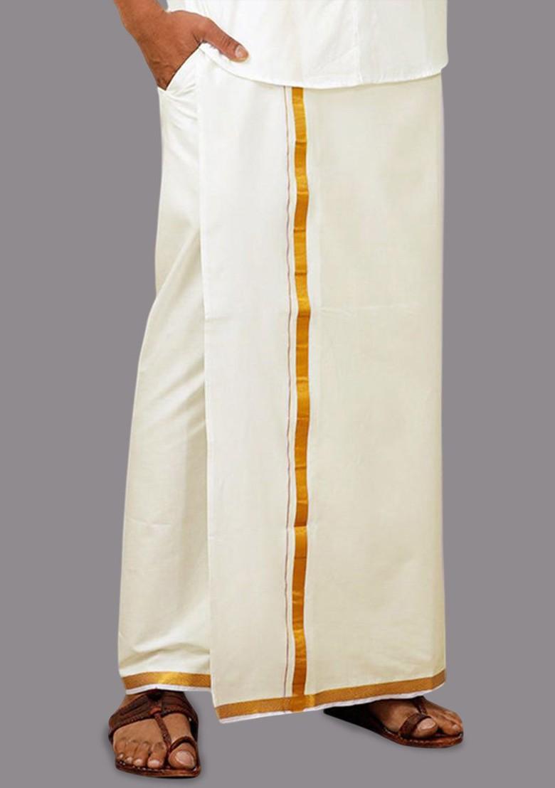 White Cotton Dhoti With Adjustable Pocket Dhoti With Zipper For Men - Indya