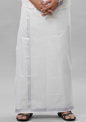 White Solid Tissue Silver Jari Border And Pocket With Adjustable Dhoti For Men