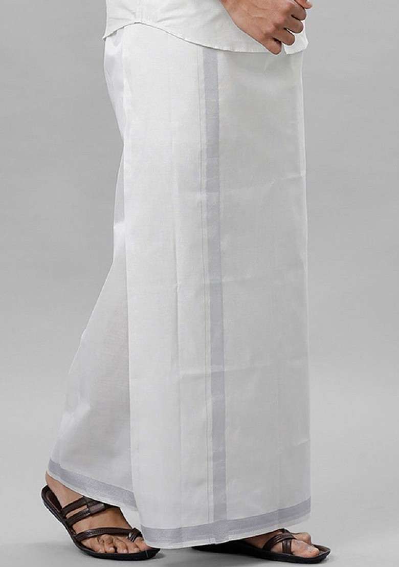 White Solid Tissue Silver Jari Border And Pocket With Adjustable Dhoti For Men - Indya