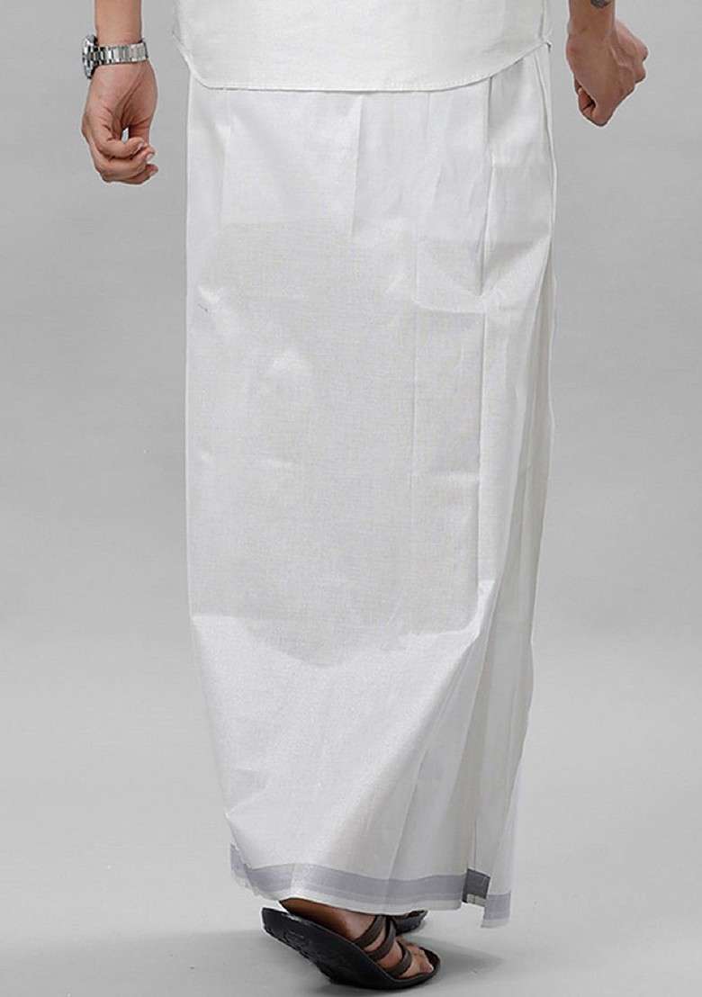 White Solid Tissue Silver Jari Border And Pocket With Adjustable Dhoti For Men - Indya