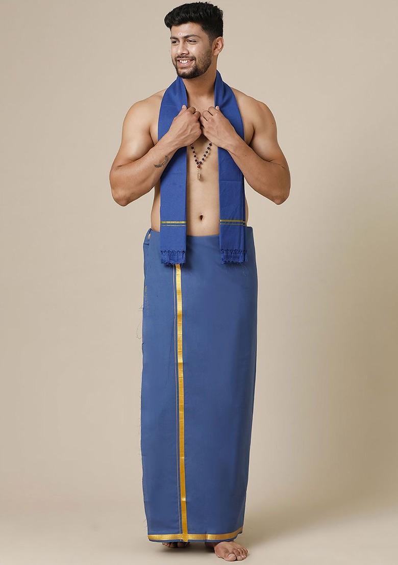 Blue Cotton Solid Single Layer Dhoti For Men - Indya