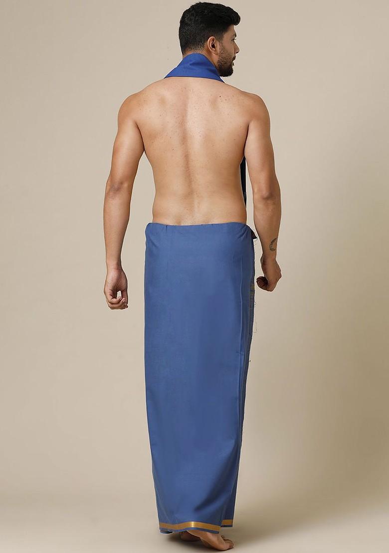 Blue Cotton Solid Single Layer Dhoti For Men - Indya