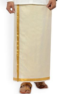 Cream Solid Gold Jari Border Single Layer Tissue Dhoti For Men