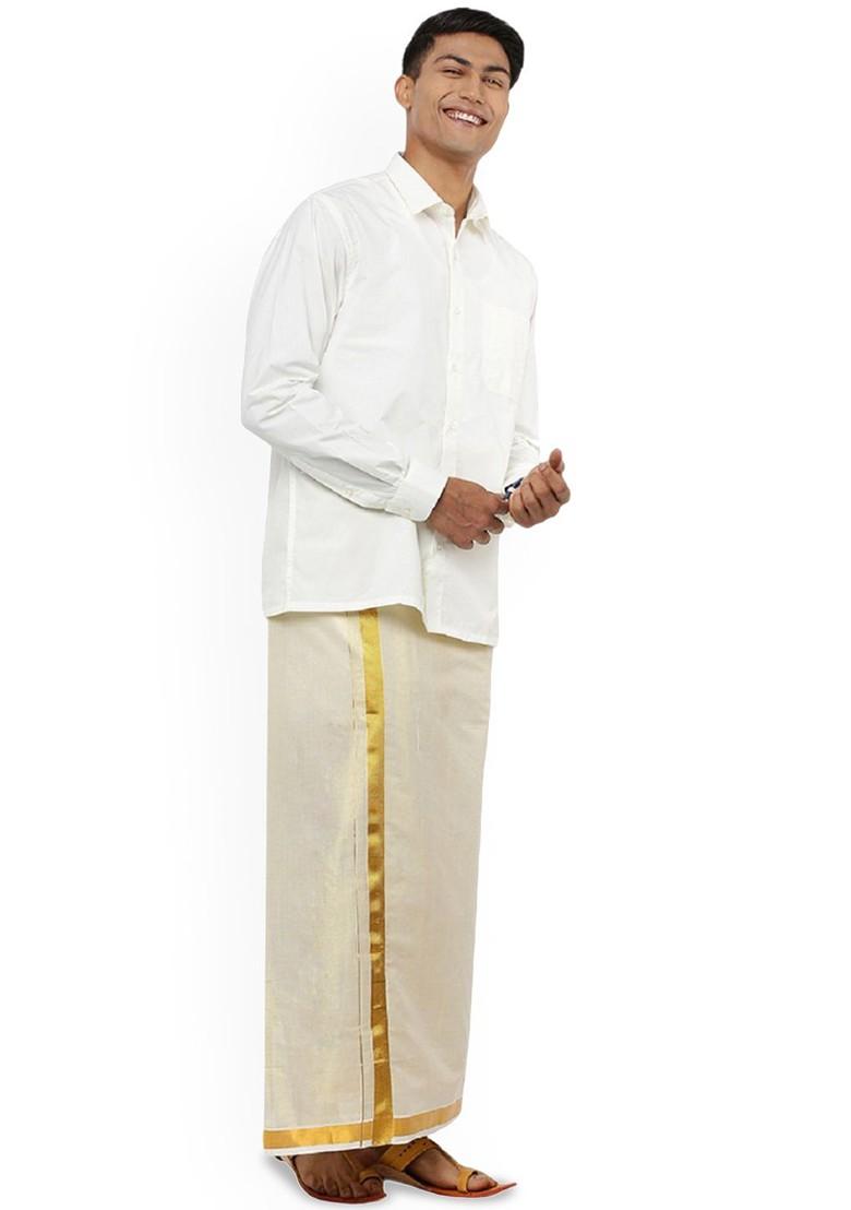 Cream Solid Gold Jari Border Single Layer Tissue Dhoti For Men - Indya