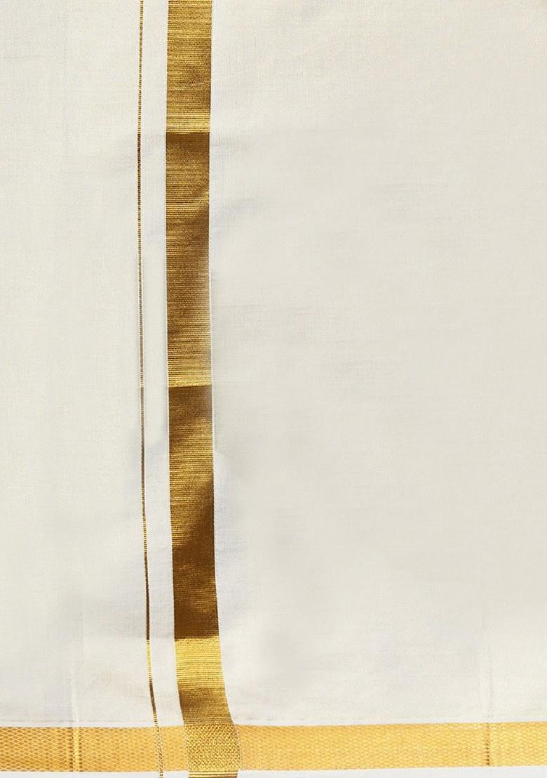Cream Solid Gold Jari Border Single Layer Tissue Dhoti For Men - Indya