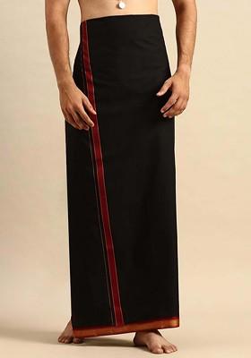 Black Solid Devotional Single Layer Cotton Dhoti With Mayilkhan Border For Men