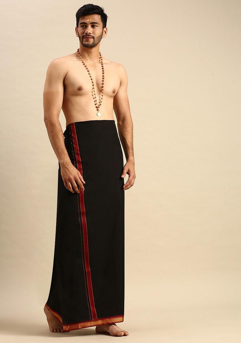 Black Solid Devotional Single Layer Cotton Dhoti With Mayilkhan Border For Men - Indya