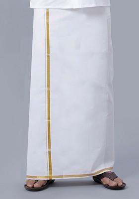 White Cotton White Solid Gold Jari Border Double Layer Dhoti For Men