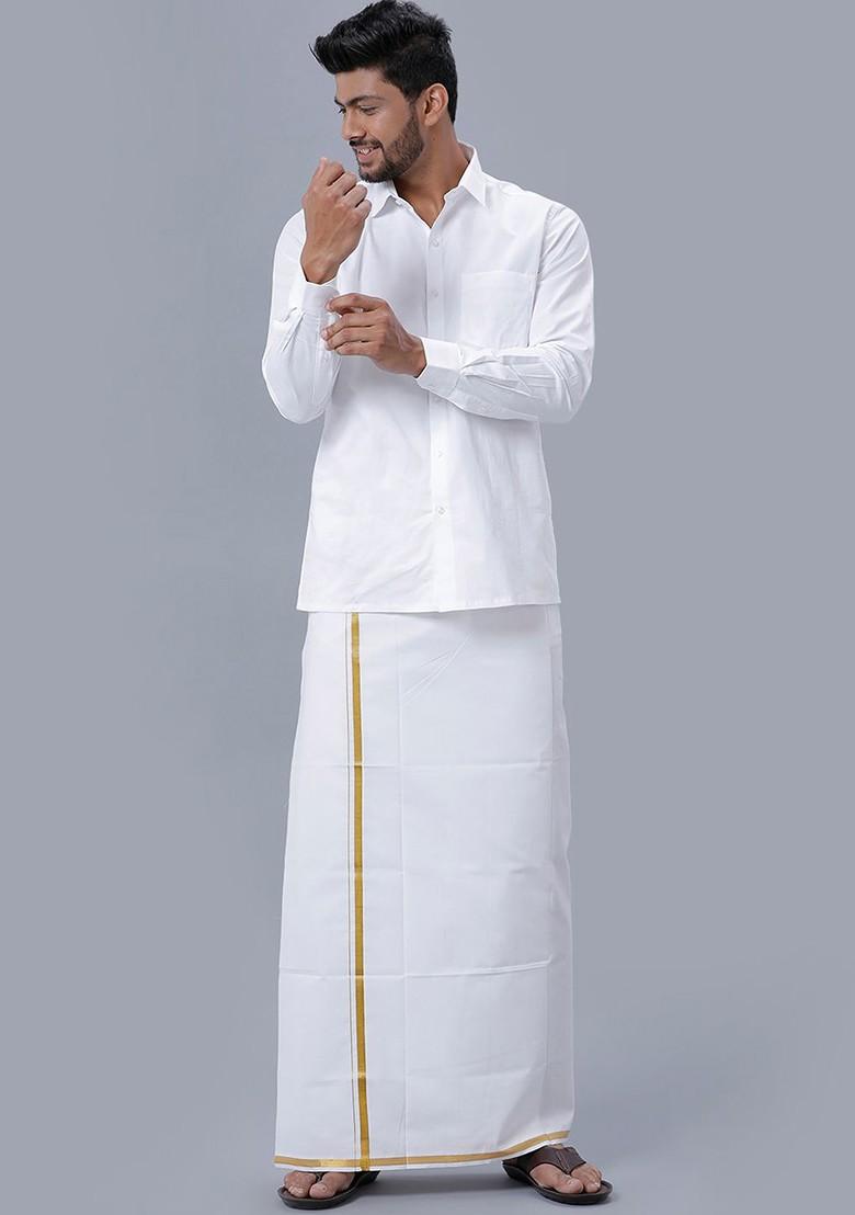 White Cotton White Solid Gold Jari Border Double Layer Dhoti For Men - Indya