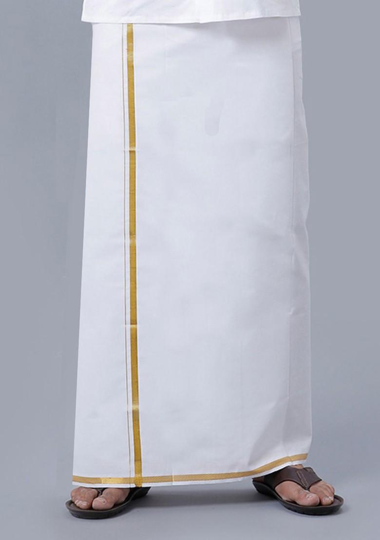 White Cotton White Solid Gold Jari Border Double Layer Dhoti For Men - Indya