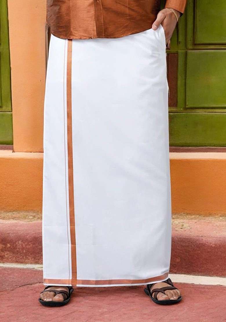 White Genxt Cotton Solid Copper Jari Border Pocket Dhoti For Men - Indya