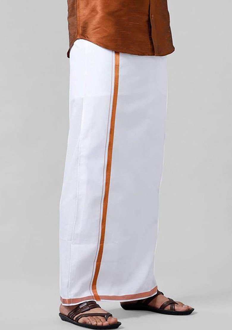 White Genxt Cotton Solid Copper Jari Border Pocket Dhoti For Men - Indya