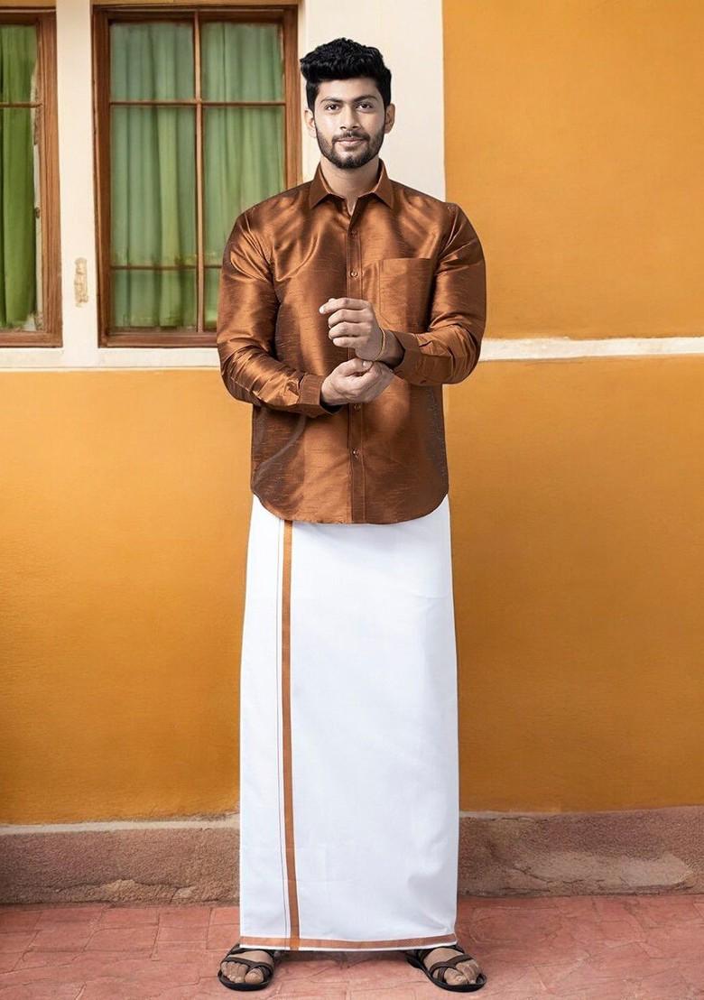 White Genxt Cotton Solid Copper Jari Border Pocket Dhoti For Men - Indya