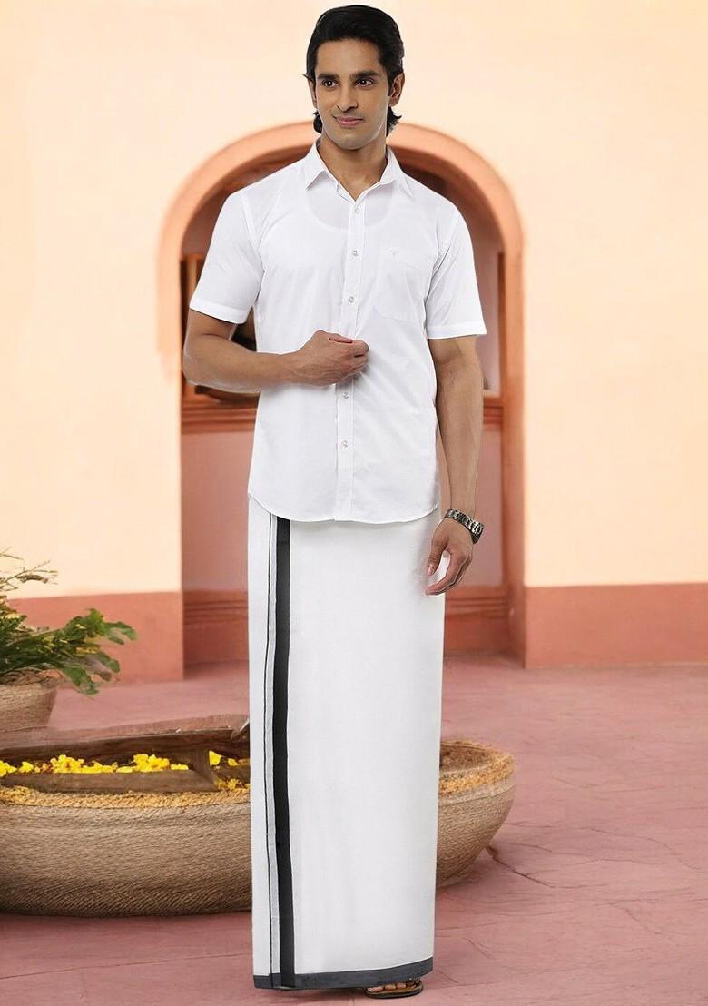 White Cotton White Solid Black Fancy Border Double Layer Dhoti For Men