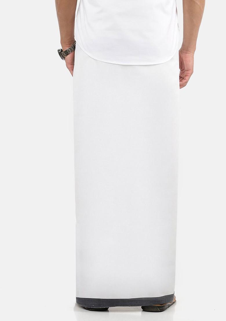 White Cotton White Solid Black Fancy Border Double Layer Dhoti For Men