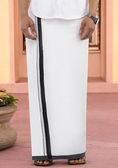 White Cotton White Solid Black Fancy Border Double Layer Dhoti For Men