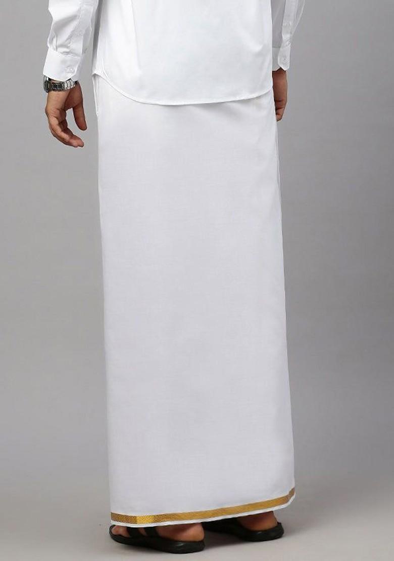 White Solid Gold Jari Border Single Layer Adjustable Cotton Dhoti With Pocket For Men - Indya