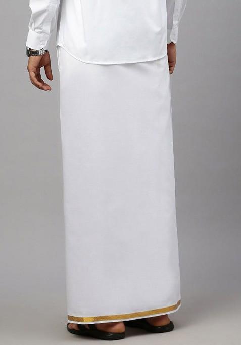 White Solid Gold Jari Border Single Layer Adjustable Cotton Dhoti With Pocket For Men