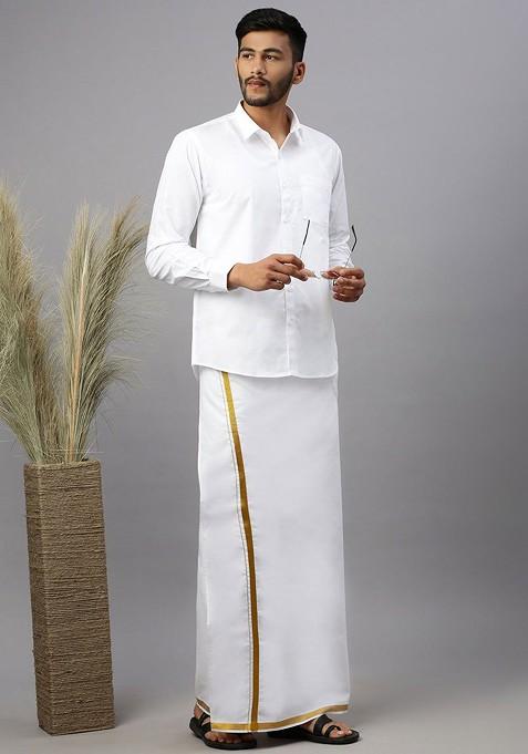 White Solid Gold Jari Border Single Layer Adjustable Cotton Dhoti With Pocket For Men