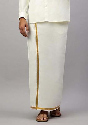Cream Cotton Solid Gold Jari Border Single Layer Dhoti For Men