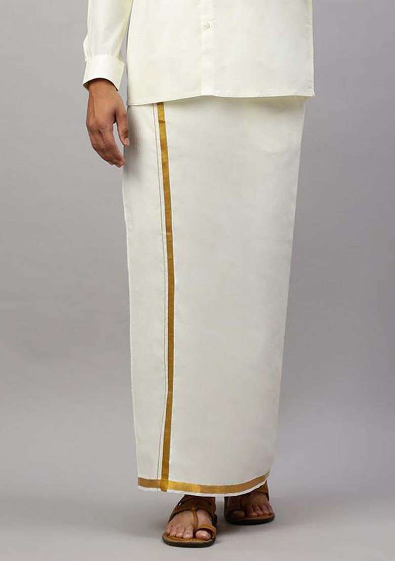 Cream Cotton Solid Gold Jari Border Single Layer Dhoti For Men - Indya
