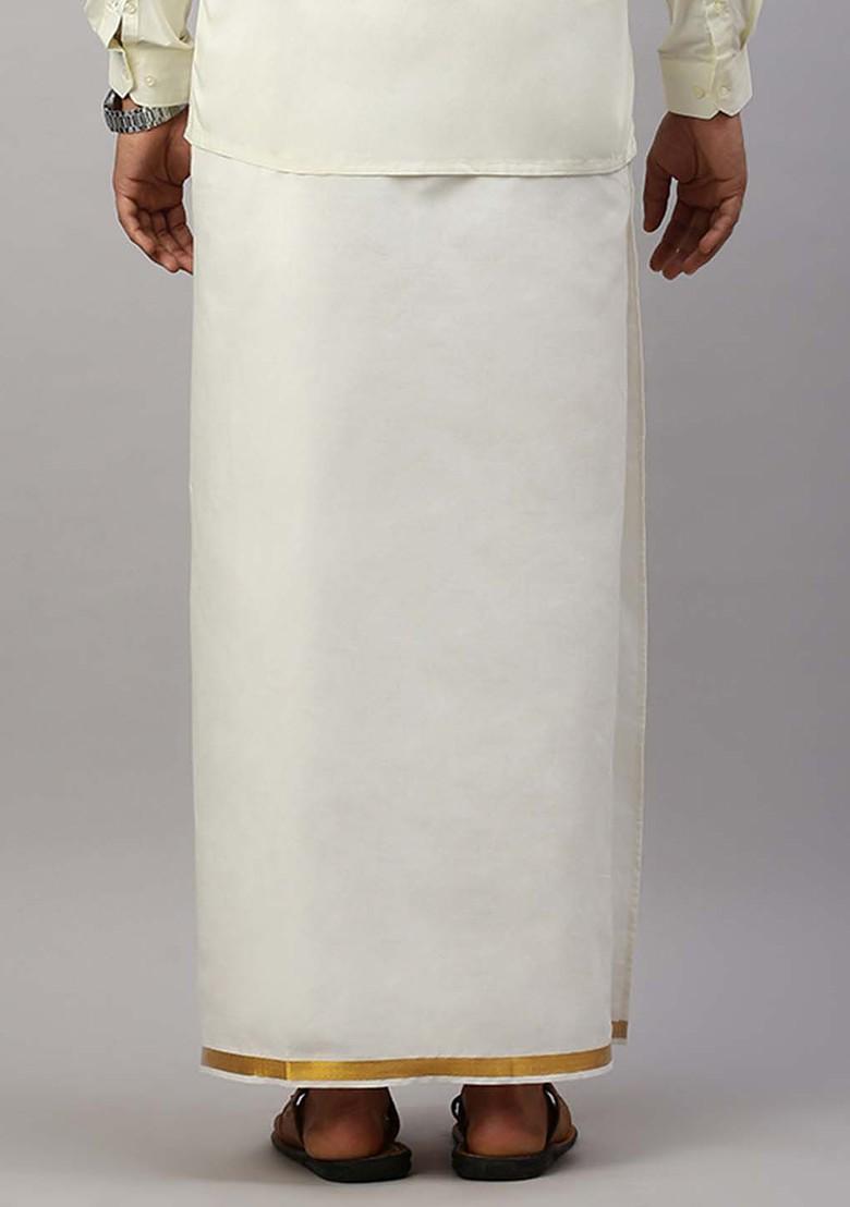 Cream Cotton Solid Gold Jari Border Single Layer Dhoti For Men - Indya